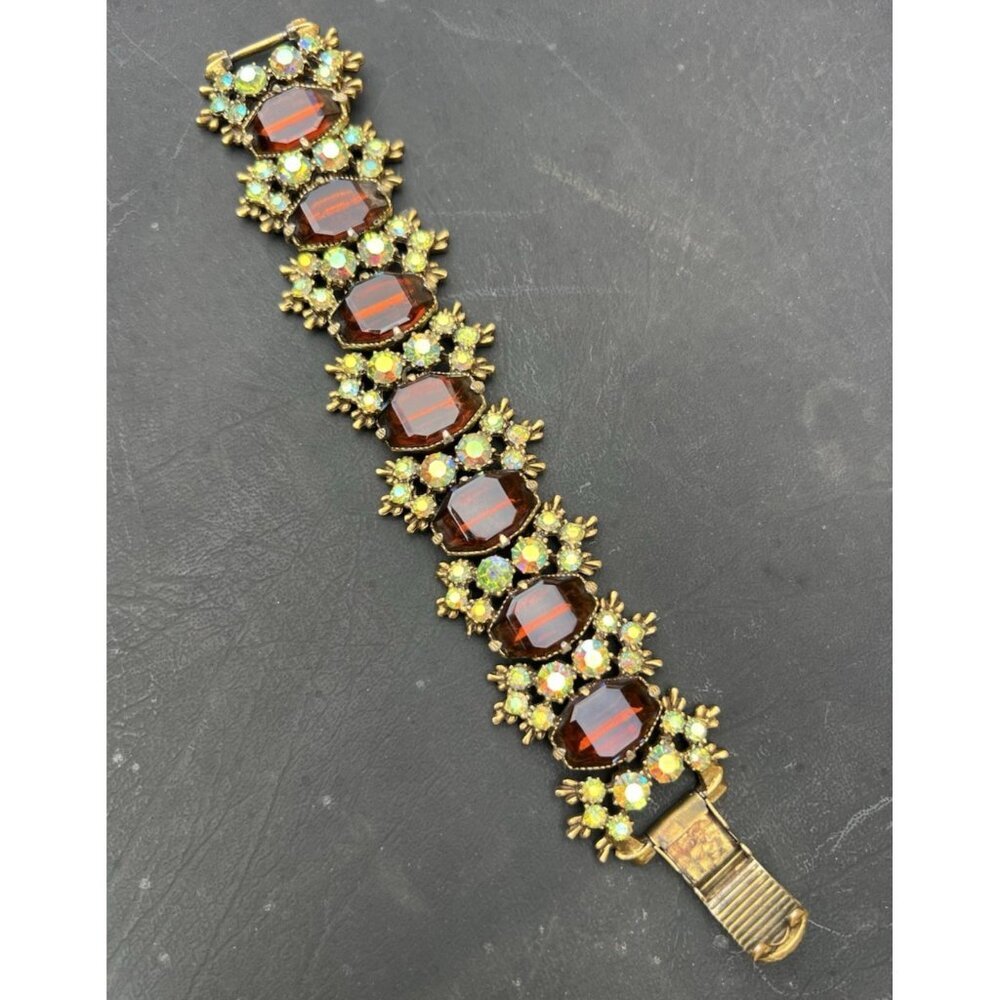 Amber Aurora Borealis Crystal Bracelet 7" Vintage Unsigned